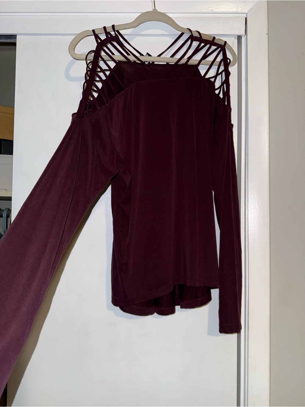 Buckle Burgundy Strappy Cold-Shoulder Long Sleeve Top